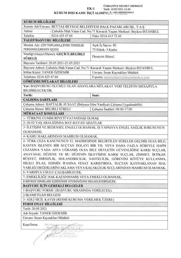 Beykoz Belediyesi yayınladığı ilanda 75 erkek, 5 kadın yeni işçi