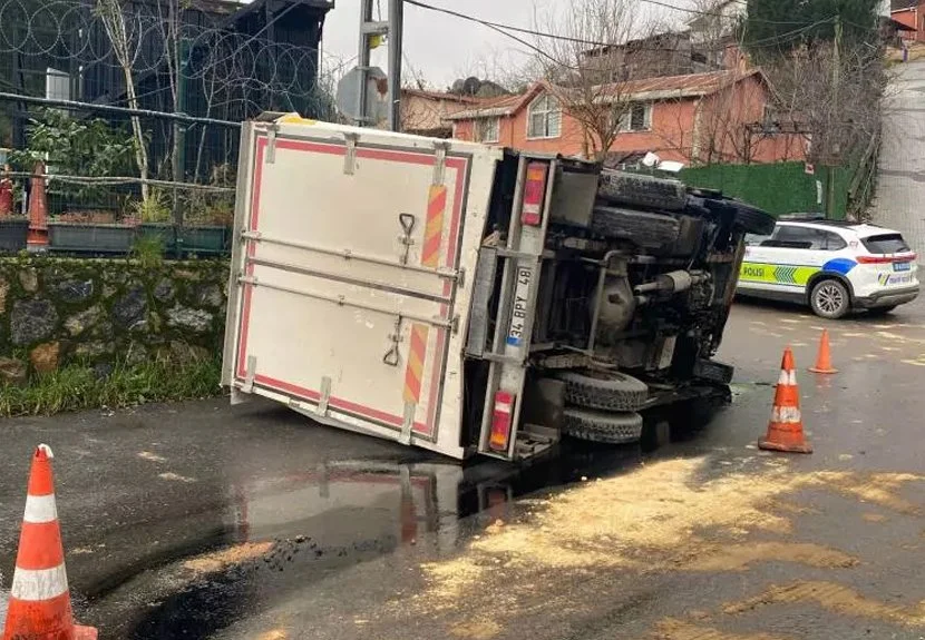 Beykoz'un Rüzgarlıbahçe Mahallesi'nde yokuştan aşağı inen kamyonetin duramayınca duvara çarparak