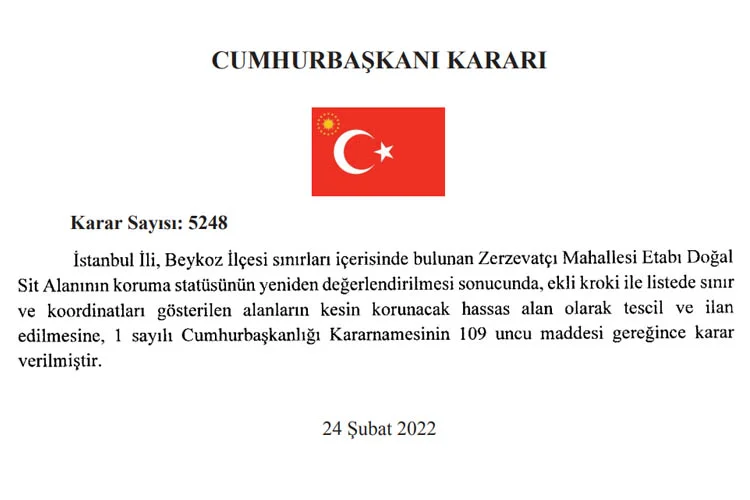 Cumhurbaşkanı Erdoğan'ın onayıyla resmi gazetede yayınlanan kararda Beykoz Zerzevatçı Mahallesi