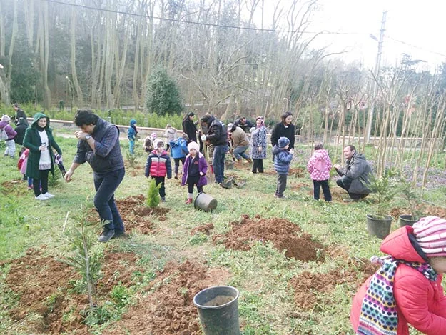Kavacık Final Anaokulu'nda okuyan 20 çocuk, öğretmenlerinin nezaretinde fidan dikimi