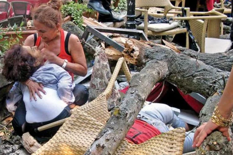 Beykoz'da Koru içindeki bir kafenin bahçesindeki üç kişinin devrilen ağacın