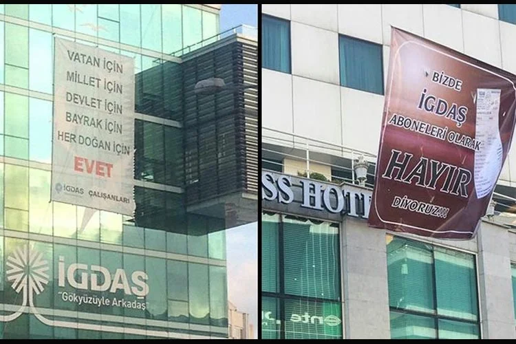 Beykoz Kavacık İGDAŞ şubesi binasına evet pankartı asınca vatandaşlar da