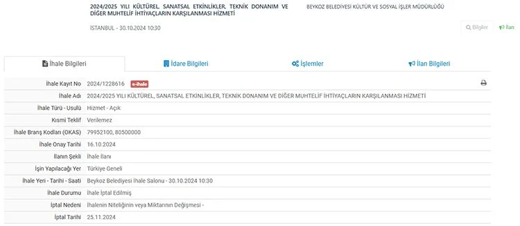 Beykoz Belediyesi Türkiye gündemine oturan 170 milyonluk kültür ihalesini iptal
