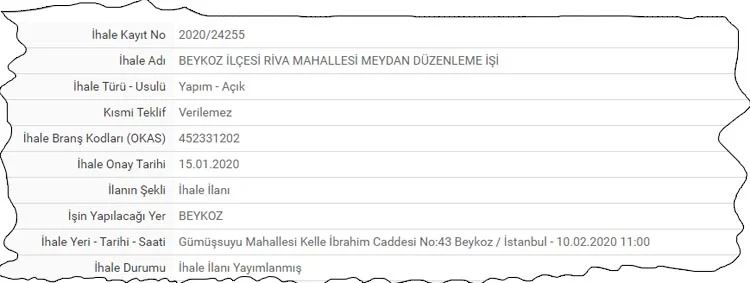 Beykoz Belediyesi, 2019/673933 kayıt numarası ile 16 Aralık 2019 günü