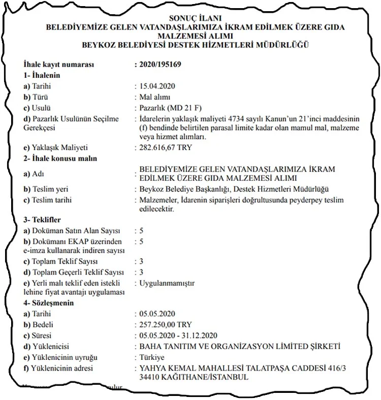 Beykoz Belediyesi Destek Hizmetleri Müdürlüğü üzerinden açmış olduğu ihale ile