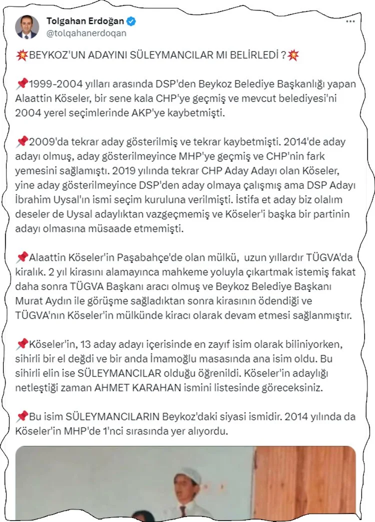 CHP’nin Beykoz Belediye Başkan Adayını Süleymancıların belirlediği iddia edildi. CHP’li