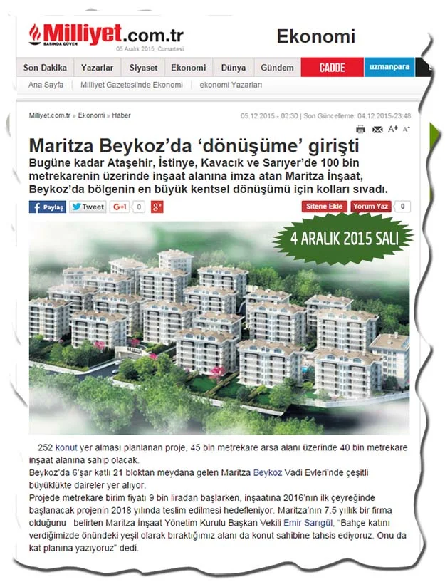 Maritza İnşaat, Beykoz’da, daha önce yapılaşma izni verilmeyen alana kentsel