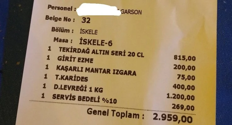 Beykoz Riva'daki bir restoranda önceki gün ödenen hesap fişinin fotoğrafı